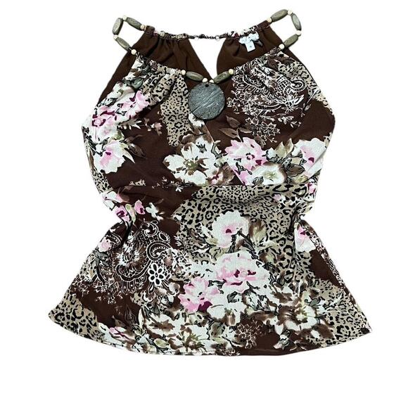 VTG Y2K ICE Brown & Pink Floral Leopard Print Halter Top w Wooden Bead Necklace - Picture 6 of 8